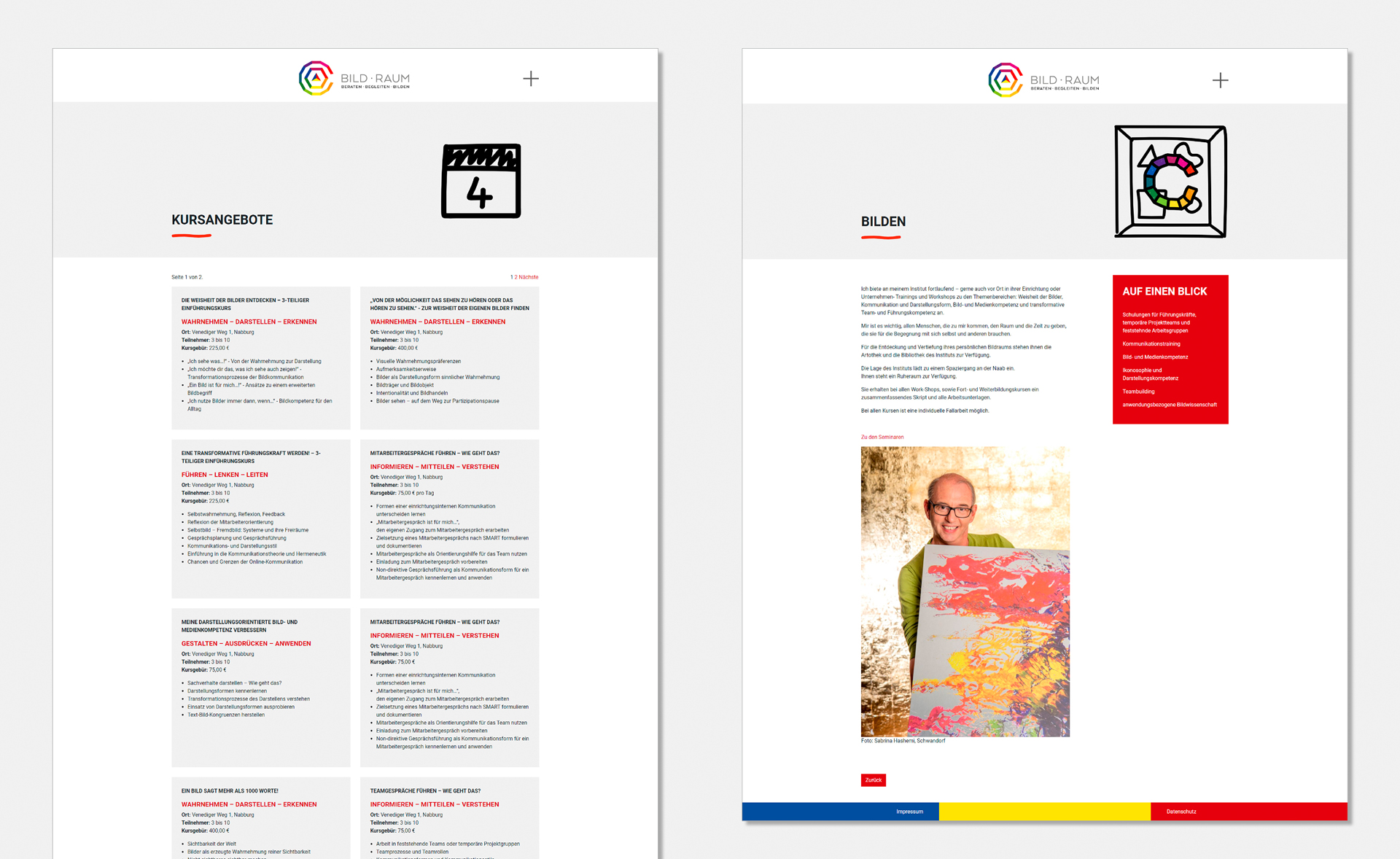 Mockups spezieller Seiten der Webseite www.bildraum.info