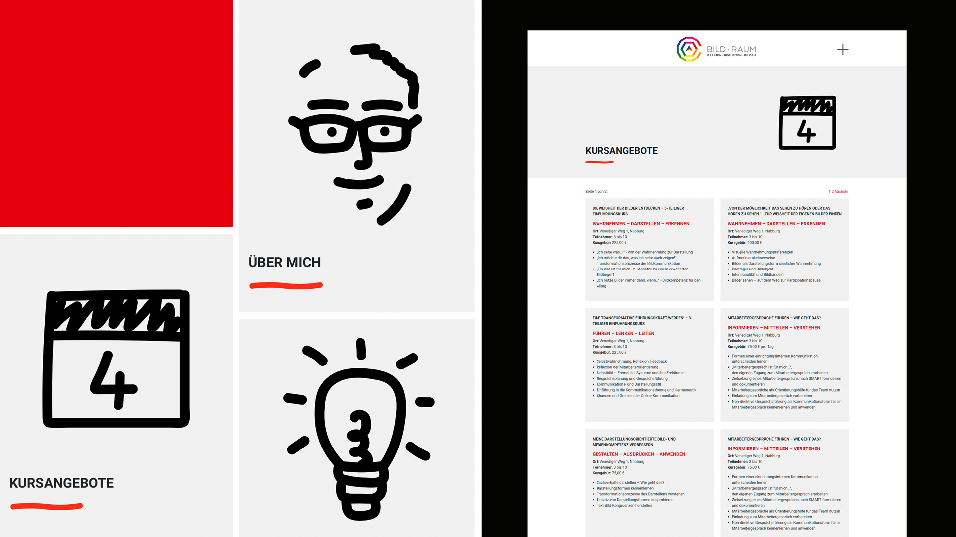 Mockups und Ausschnitte spezieller Seiten der Webseite www.bildraum.info