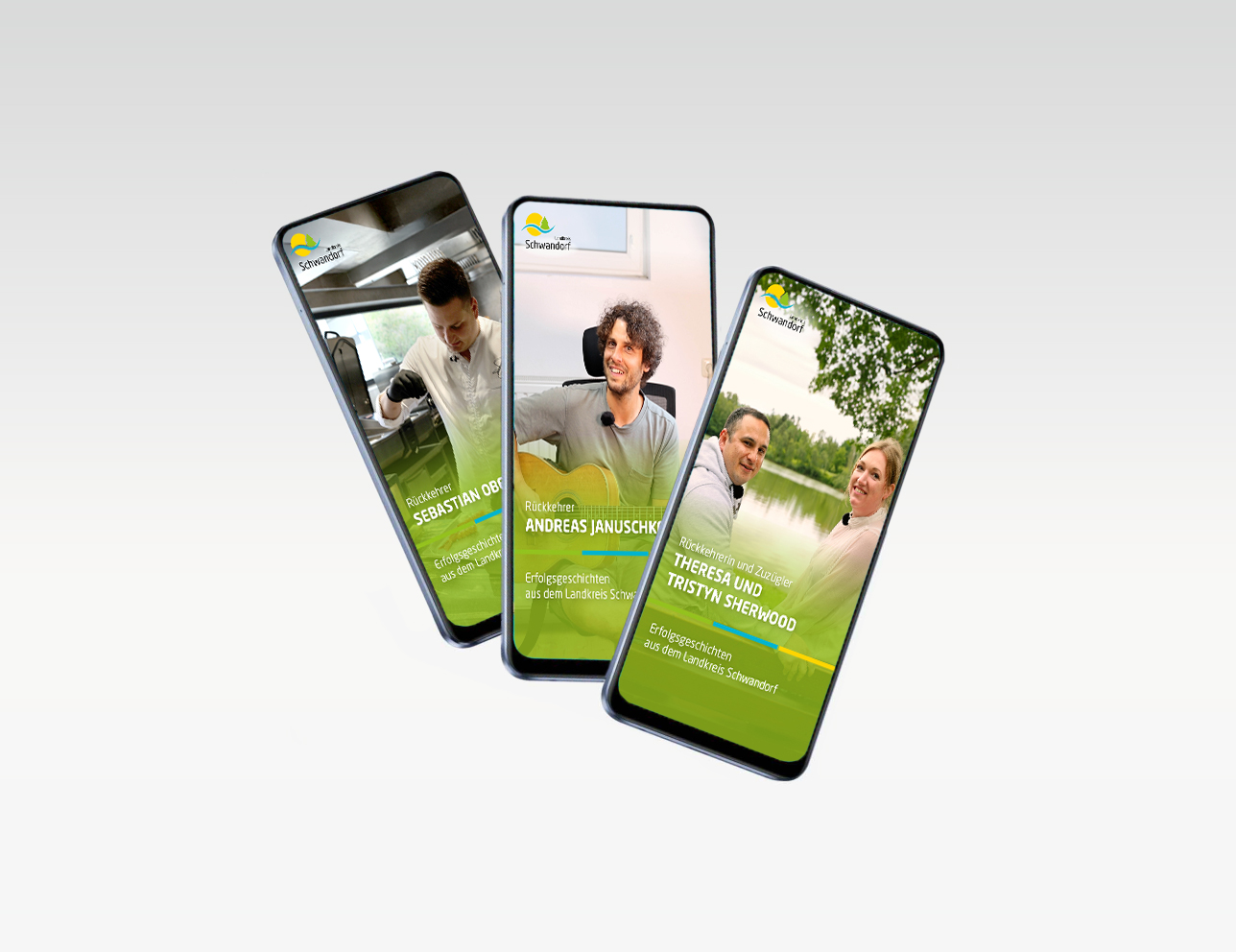 Handymockups der Vorschaubilder der Testimonial-Videos in Fächerformation